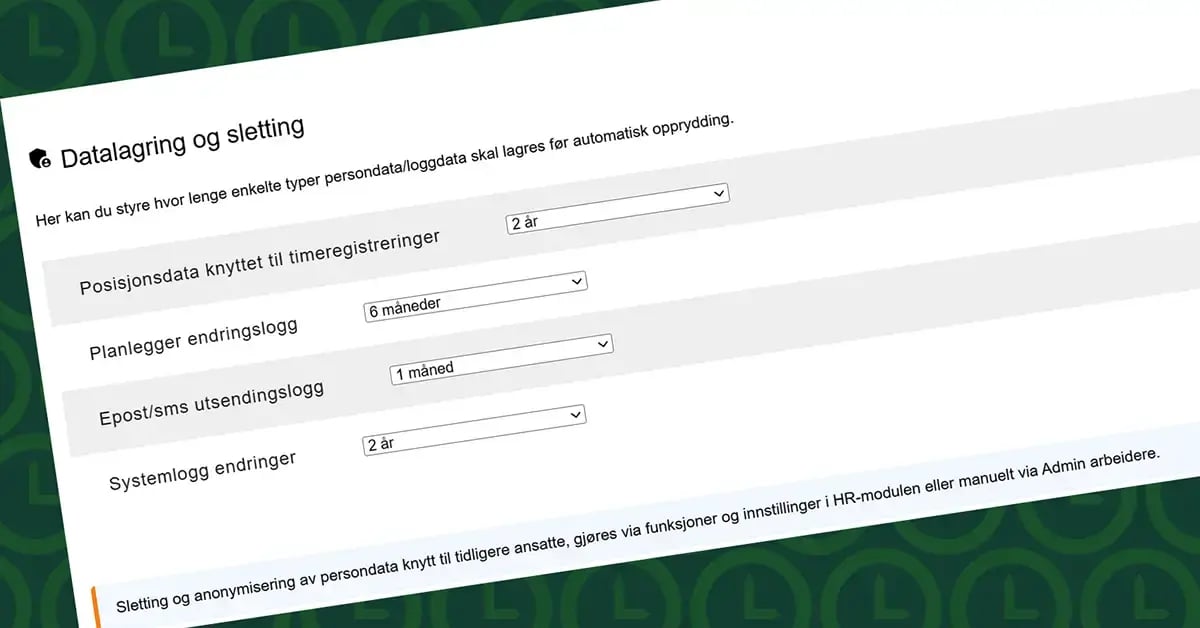 Skjermvbilde av den nye systemsiden "Datalagring og sletting"