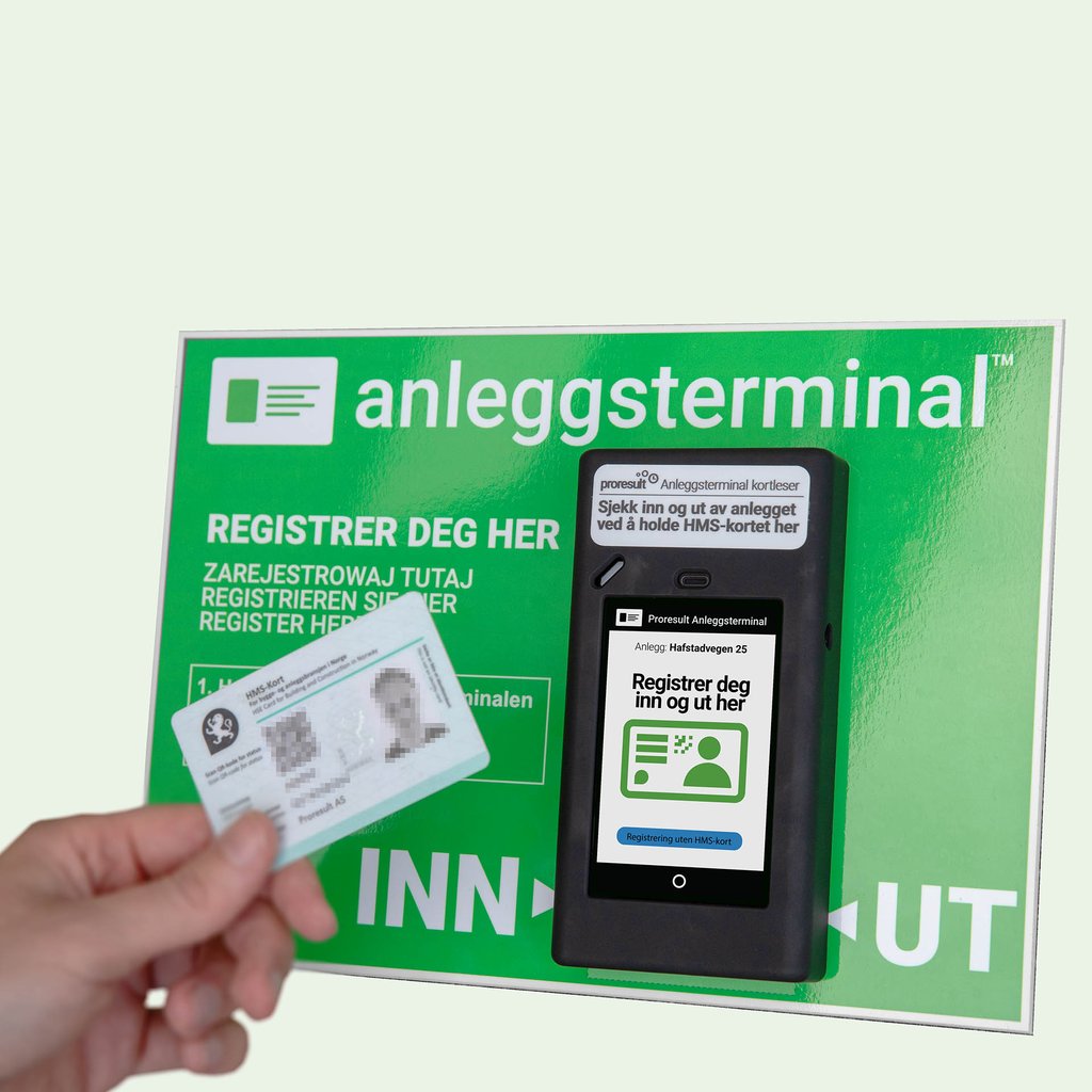 Proresult Anleggsterminal Kortleser med informasjonstavle (simulert skjermbilde).