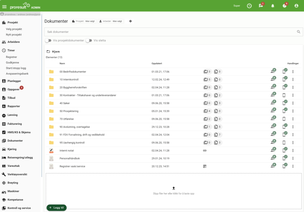 Skjermbilde fra Proresult dokumentmodul