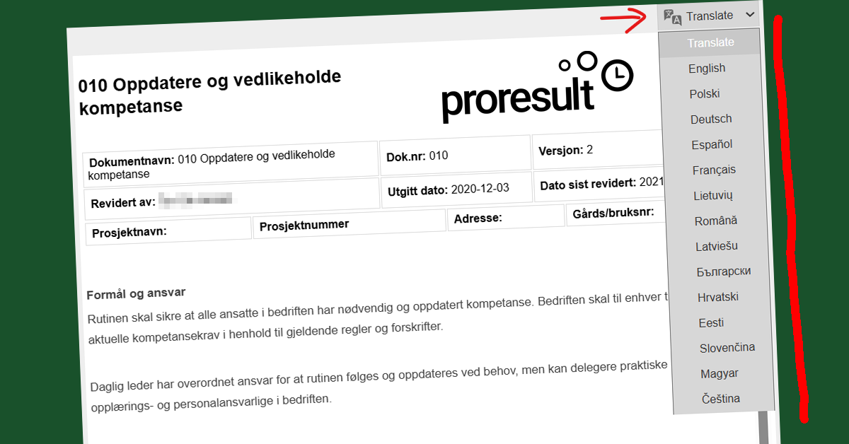 Skjermbilde av Proresult KI-oversetter