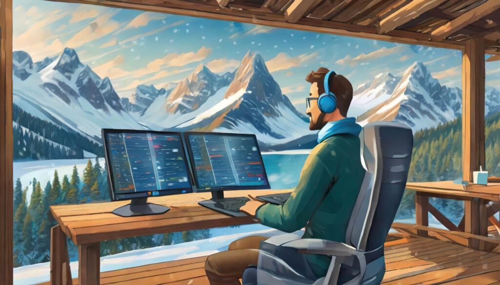 Grafisk illustrasjon av en utvikler som sitter og koder på hytten, mens han ser ut vinduet på snødekte fjell.