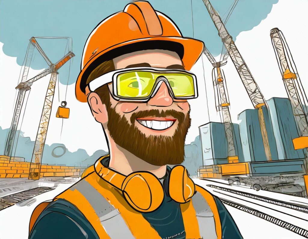 illustrasjon av en smilende mann med skjegg, iført orange hjelm. I bakgrunnen ser man en byggeplass.