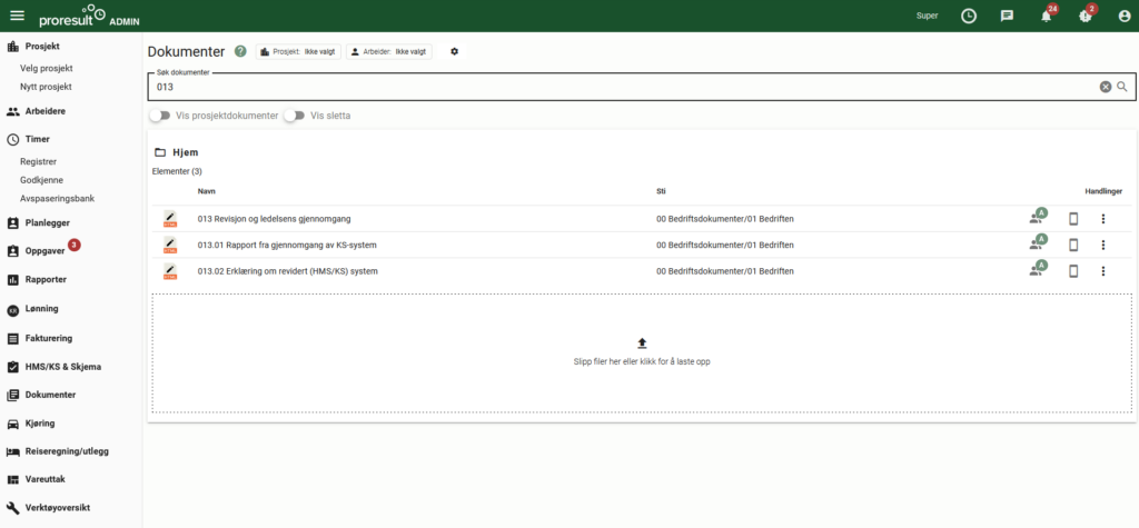 skjermbilde av dokumenter i proresult-systemet, som hjelper deg ved internrevisjon.