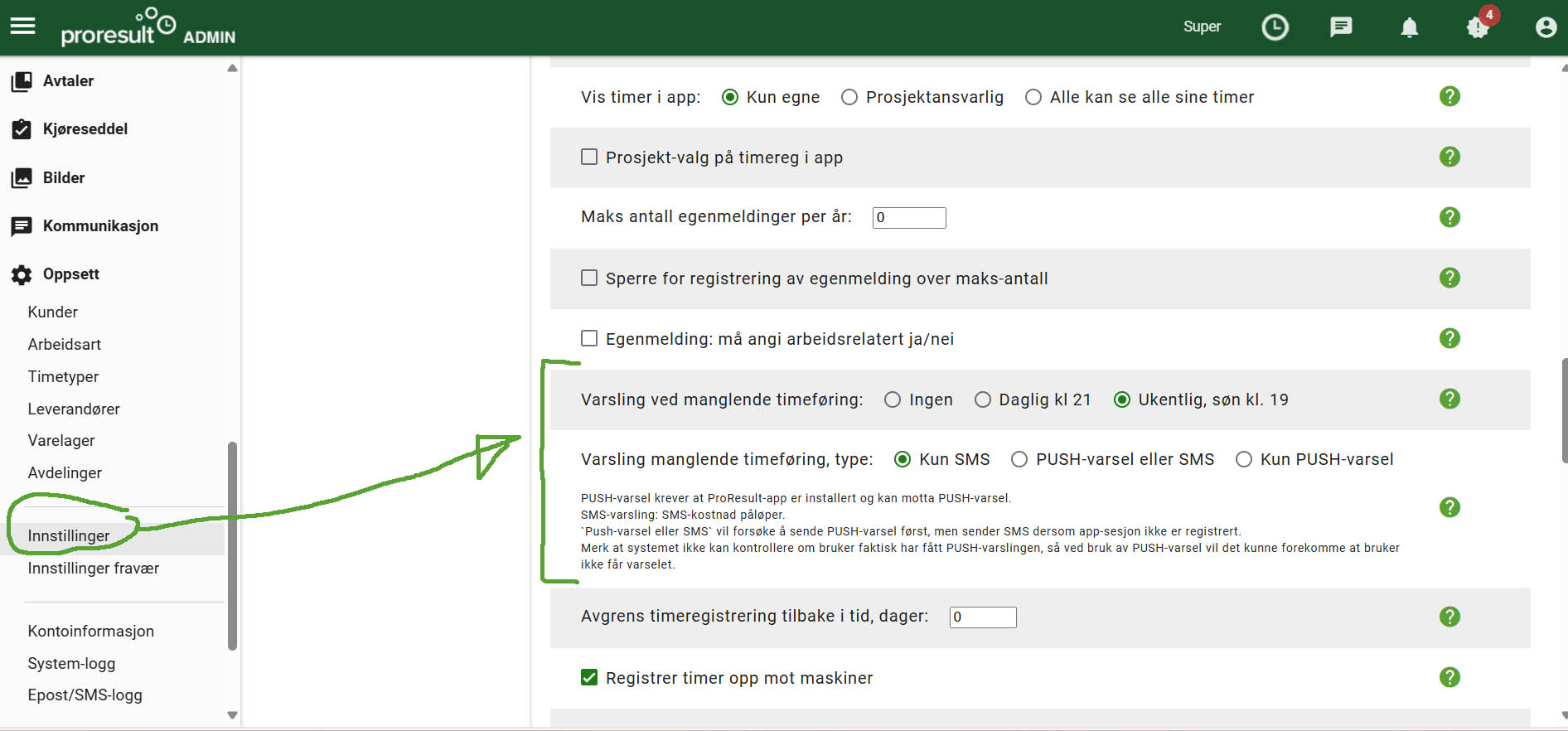 Skjermilde fra Proresult Admin